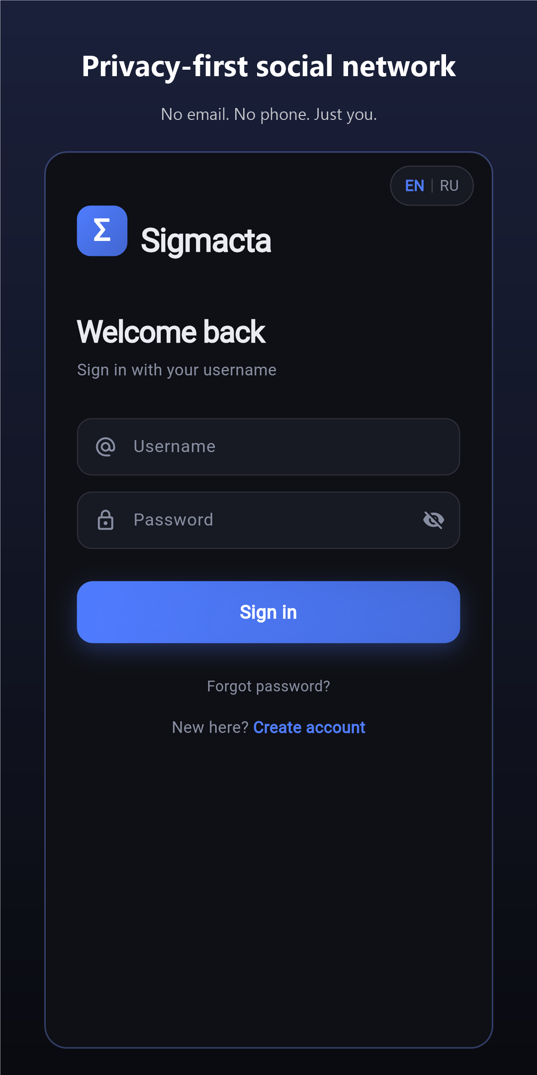 Sigmacta sign-in — privacy-first, no email or phone required